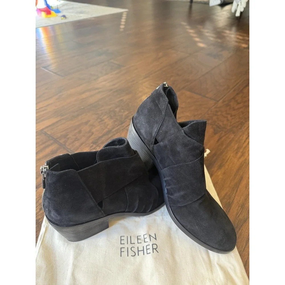 Eileen Fisher Boots Womens 7 Black Suede Ankle Booties Back Zip Block Heel Class